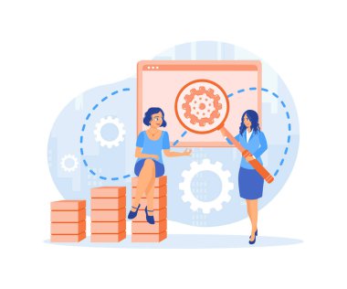 Kadın ve iş arkadaşı satış verilerini inceliyor. Pazarlama stratejilerini tartışın. Pazarlama işi konsepti. Düz vektör illüstrasyonu.