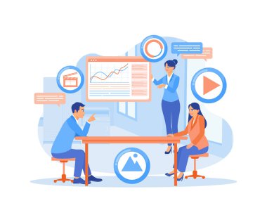 Bayan müdür pazarlama ekibiyle bir toplantı yapıyor. Toplantı odasındaki pazarlama grafikleri analiz ediliyor. Dijital Pazarlama konsepti. Düz vektör illüstrasyonu.