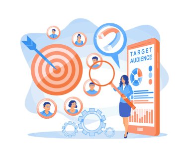 Kadınlar sosyal medyada reklam yapıyor. Satışları artırmak için iş hedeflerini arttırın. Dijital Pazarlama konsepti. Düz vektör illüstrasyonu.