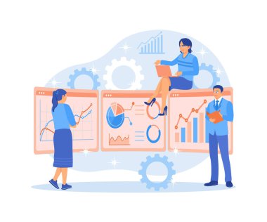 Pazarlama ekipleri iş verilerini analiz eder. Pazarlamayı geliştirmek için iş stratejileri planlayın. Pazar araştırması konsepti. Düz vektör illüstrasyonu.