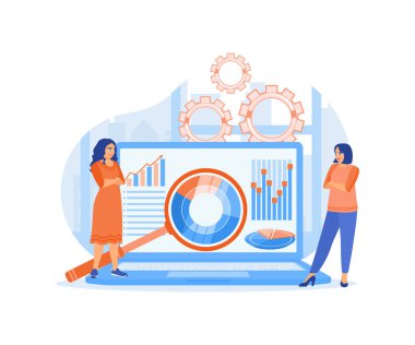 İş kadını çizelgeleri analiz ediyor. Pazarlamayı geliştirmek için iş stratejileri geliştirin. Pazar araştırması konsepti. Düz vektör illüstrasyonu.