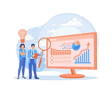 İki işadamı grafik verilerini analiz ediyor. Pazarlamayı geliştirmek için fikirler geliştirin. Pazar araştırması konsepti. Düz vektör illüstrasyonu.