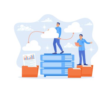 İş ekipleri veri tabanlarında veri depoluyorlar. Sunucu rafları bulut hesaplama servislerine bağlı. Depo konsepti. Düz vektör illüstrasyonu.