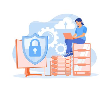 Kadınlar kişisel verileri veri merkezlerinde saklarlar. Verileri hackerlardan koru. Veritabanı kavramı. Düz vektör illüstrasyonu.