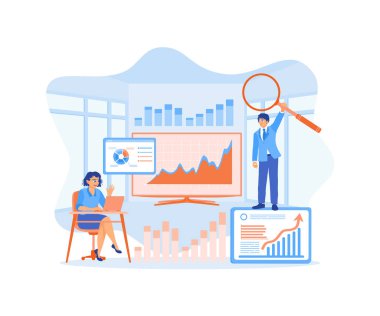 İş ekibi grafik panelini izlemeye devam ediyor. Ticari mali yatırımları analiz et. Veri analiz konsepti. Düz vektör illüstrasyonu.