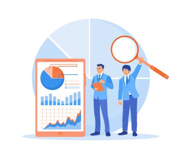 İş adamları ve meslektaşları ekrandaki grafikleri analiz ediyor. İşletme finans yatırımları okuyorum. Veri analiz konsepti. Düz vektör illüstrasyonu.