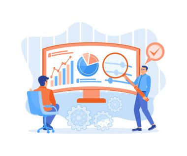 Ofis çalışanları istatistiksel verileri analiz eder. Monitördeki mali raporları kontrol ediyorum. Veri analiz konsepti. Düz vektör illüstrasyonu.