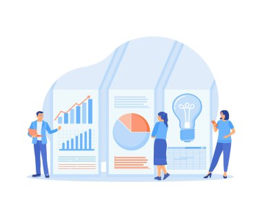 İş ekibi verileri, grafikleri ve grafikleri izliyor. Finansal yatırımlar için fikirler geliştiriyor. Veri analiz konsepti. Düz vektör illüstrasyonu.