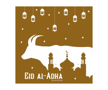 Bir keçi silueti ve gece atmosferi olan bir cami. Kurban Bayramı 'nın atmosferinde aydınlatılmış fenerler. Kurban Bayramı konsepti. Düz vektör illüstrasyonu.