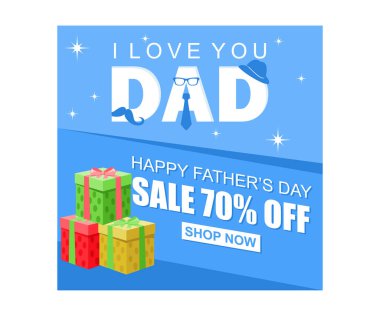 Babalar Günü kutlamalarında alışveriş promosyonları. Hediyeler, kravatlar ve gözlükler. Babalar Günü konsepti. Düz vektör illüstrasyonu.