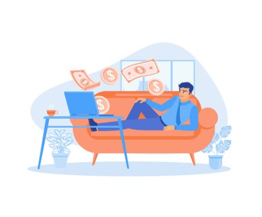 İş adamı kanepede dinleniyor. Para dizüstü bilgisayardan geliyor. Pasif gelir kavramı. Düz vektör illüstrasyonu.