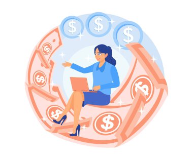 Kadınlar dizüstü bilgisayar kullanarak çalışıyorlar. Bağımsızlar online para kazanıyor. Para kazanma konsepti. Düz vektör illüstrasyonu.