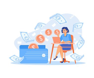 Dizüstü bilgisayarda çalışan genç bir kadın. Para laptop ekranından cüzdana akıyor. Para kazanma konsepti. Düz vektör illüstrasyonu.