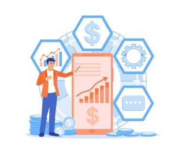 Finansal okur yazarlığı sunan bir iş adamı. Finansal tabloları analiz ediyorum. Finansal eğitim kavramı. Düz vektör illüstrasyonu.