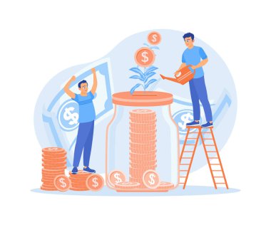 İnsanlar kavanozlarda para saklar. Gelecek için finansal durumu koruyun. Finansal okuryazarlık kavramı. Düz vektör illüstrasyonu.