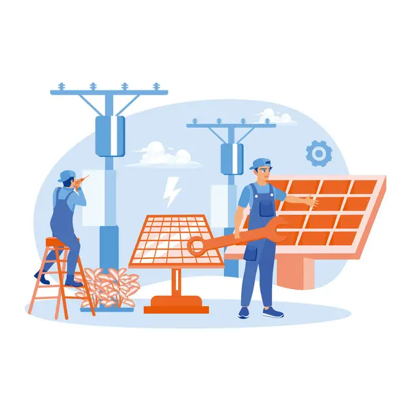 stock vector Electrician performing maintenance on solar panels. Alternative energy source with solar panels. Solar energy panels concept. Flat vector illustration.