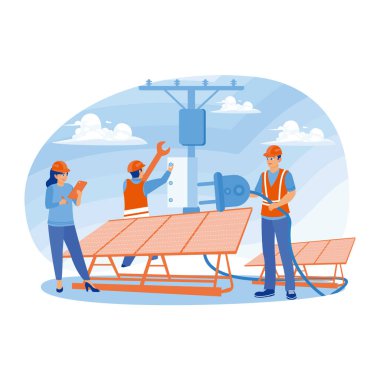 Yeşil ve çevre dostu enerji. Mühendisler ve teknisyenler güç şebekesine güneş panelleri kuruyorlar. Güneş enerjisi panelleri konsepti. Düz vektör illüstrasyonu.