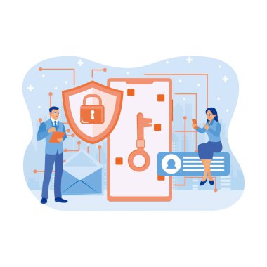 İnsanlar verileri depolamak için elektronik cihazlar kullanıyorlar. İnternetteki veri güvenliğini ve mahremiyeti sağlayın. Veri koruma kavramı. Düz vektör illüstrasyonu.