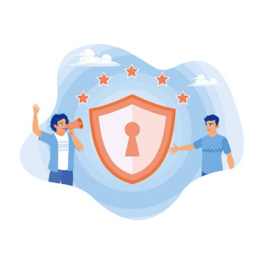 Erkekler internetteki kişisel bilgileri korurlar. Anahtar deliği kalkanda. Genel Mahremiyet kavramı. Düz vektör illüstrasyonu.