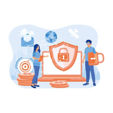 Bilgisayar ağı güvenliği. İnsanlar internetteki kişisel verileri korurlar. Veri koruma kavramı. Düz vektör illüstrasyonu.