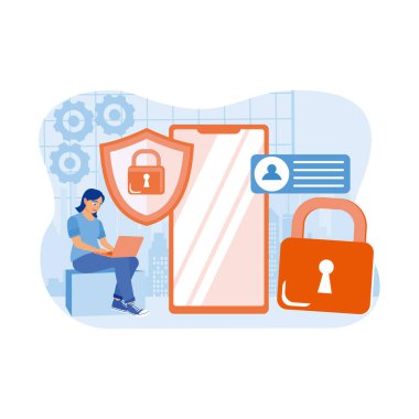 Kadınlar dizüstü bilgisayar kullanarak çalışıyorlar. Elektronik cihazlardaki gizlilik verileri korunuyor. Veri koruma kavramı. Düz vektör illüstrasyonu.