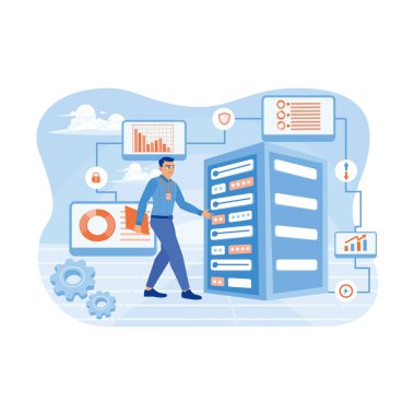 Bilgi işlem uzmanları sunucu odasını kontrol edip muhafaza ediyorlar. İş verileri sunucu raflarında saklanır. Sunucu bakım konsepti. Düz vektör illüstrasyonu.