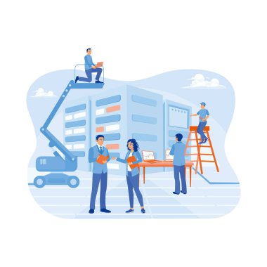 Veri ağı yönetimi. Veri merkezinde çalışan bir iş adamı. Veri merkezi konsepti. Düz vektör illüstrasyonu.