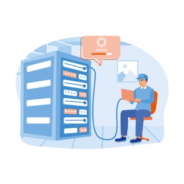 Teknisyenler veri merkezinde güncellemeleri yapıyorlar. Bilgisayar sistemi ağları optimize ediliyor. Sunucu bakım konsepti. Düz vektör illüstrasyonu.