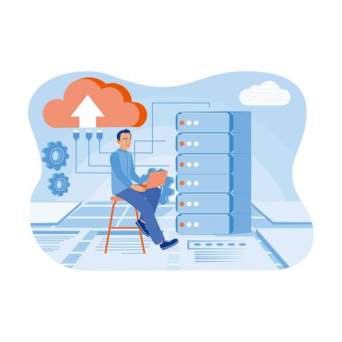 Veri merkezinde çalışan teknisyen. Veri depolamak için bulut teknolojisi kullanıyor. Veri merkezi konsepti. Düz vektör illüstrasyonu.