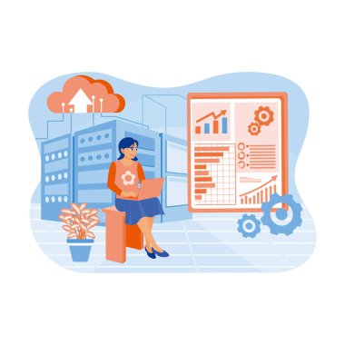 İş verilerini veri merkezinde saklayan bir kadın. Teknisyenler sunucu odasını koruyor. Veri merkezi konsepti. Düz vektör illüstrasyonu.