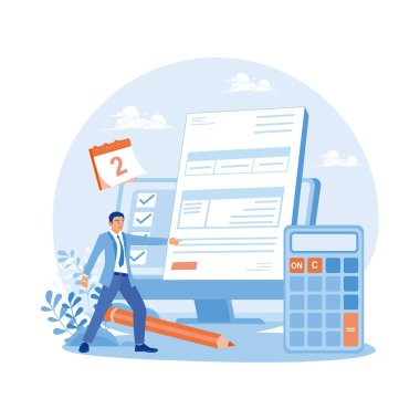 Maaş makbuzu kağıdı bilgisayarda. İşadamı maaşın alındığını hesaplıyor. Maaş konsepti. Düz vektör illüstrasyonu.