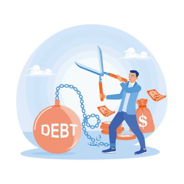 İş adamı borç içinde. Bankadan borç alarak borçtan kurtul. Borç kavramını kes. Düz vektör illüstrasyonu.