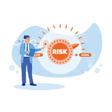 Steteskoplu genç bir iş adamı. Risk yönetimini ekranda analiz et. İş analiz araçları konsepti. Düz vektör illüstrasyonu.