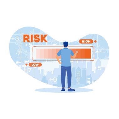 Yatırımcılar risk yönetimi sürecini sanal ekranda değerlendiriyorlar. Yüksek riskli kararlar vermek. İş analiz araçları konsepti. Düz vektör illüstrasyonu.