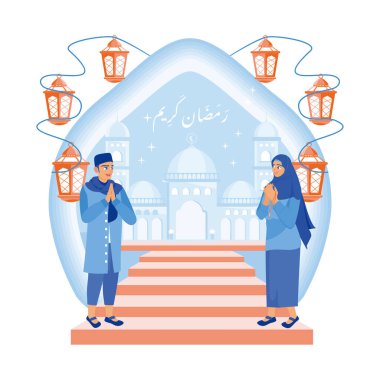 Cami önünde duran Müslüman çift. Fenerli Ramazan selamı veriyor. Ramazan Kareem konsepti. Düz vektör illüstrasyonu.