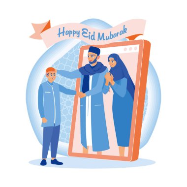 Boys celebrate Eid online. Communicate and apologize to parents on the smartphone screen. Happy Eid Mubarak concept. Flat vector illustration. clipart