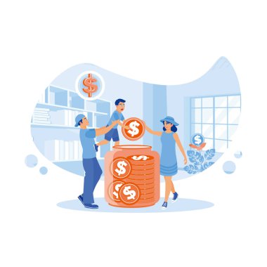 Ailede mali yönetim var. Anne ve baba çocuklara para biriktirmeyi öğretiyor. Tasarruf konsepti. Düz vektör illüstrasyonu.