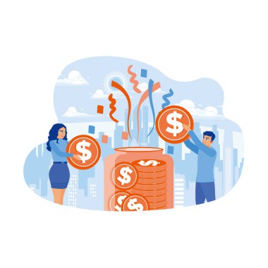 Karı koca, aile sermayesini yönetiyor. Kadın ve erkek parayı cam bir kavanoza koydular. Tasarruf konsepti. Düz vektör illüstrasyonu.