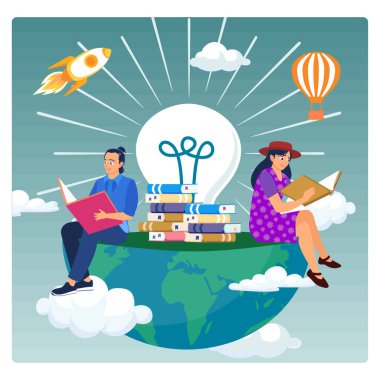 Gençler bir kitap okuyor. Fikirleri ve yaratıcılığı arttırmak için kitap oku. Okuryazarlık günün kutlu olsun. Düz vektör illüstrasyonu.