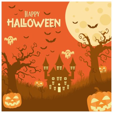 Ormandaki ev ve yaşlı ağaçlar. Balkabakları, hayaletler ve yarasalar gece uçar. Cadılar Bayramı konsepti Düz vektör illüstrasyonu.