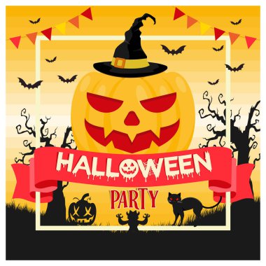 Korkunç, gülümseyen balkabaklarıyla Cadılar Bayramı partisi. Cadılar Bayramı öğeleri arasında yaşlı bir ağaç, kedi ve yarasa vardır. Cadılar Bayramı Partisi konsepti. Düz vektör illüstrasyonu.