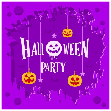 Eğlenceli Cadılar Bayramı partisi. Mor arka planda şirin bir hayalet olan Cadılar Bayramı balkabağı. Cadılar Bayramı Partisi konsepti. Düz vektör illüstrasyonu.