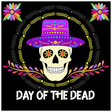 Şapkalı bir insan kafatası. Dia De Los Muertos Cadılar Bayramı Kutlaması. Ölüler Günü konsepti. Düz vektör illüstrasyonu.