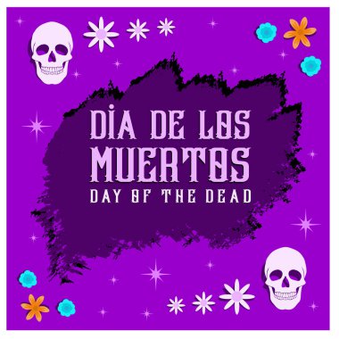 Meksika 'da Ölüler Günü. Kafatası ve çiçekler mor arka planda. Ölüler Günü konsepti. Düz vektör illüstrasyonu.