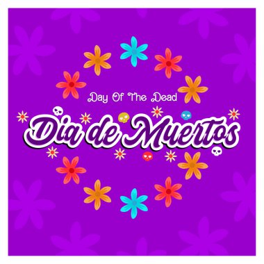 Meksika 'da Ölüler Günü. Renkli çiçekli mor bir arkaplan. Ölüler Günü konsepti. Düz vektör illüstrasyonu.