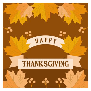 Mutlu Şükran Günleri yazan kurdele. Sonbahar arka planda kalır. Şükran Günü konsepti. Düz vektör çizimi.