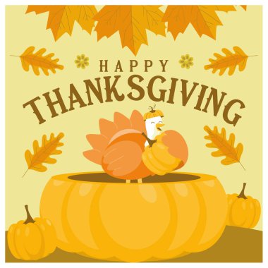 Şükran Günü kutlamanız kutlu olsun. Şükran Günü öğeleri: hindi kuşu, balkabağı ve sonbahar yaprakları. Şükran Günü konsepti Düz vektör illüstrasyonu.