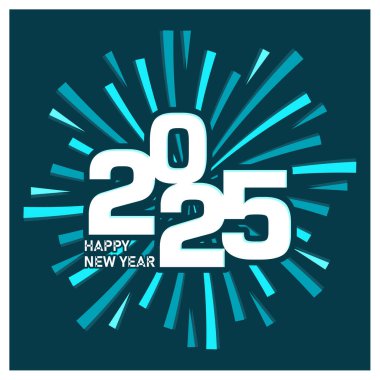 Canlı bir yeni yıl arifesi kutlaması. Gece gökyüzünde havai fişekler. Mutlu yıllar 2025 konsepti. Düz vektör illüstrasyonu.