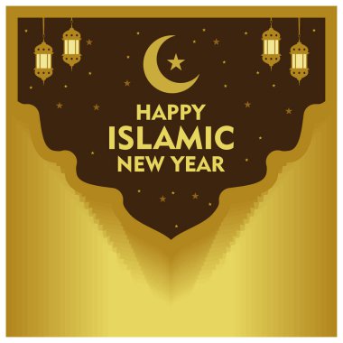 İslami Yeni Yıl 'ı fenerlerle ve hilal ayıyla selamlıyoruz. Altın rengi arka plan. Mutlu yıllar konsepti. Düz vektör illüstrasyonu.