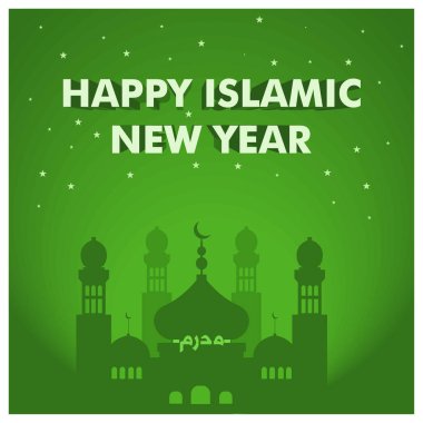İslami Yeni Yıl 'ın anısına. Yeşil arka planda cami ve yıldızlar. Mutlu yıllar konsepti. Düz vektör illüstrasyonu.